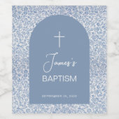 Boy Baptism Arch Blue White Floral Pattern & Cross ワインラベル (シングルラベル)