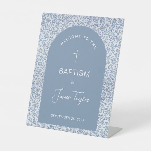 Boy Baptism Arch Blue White Floral Pattern Welcome 台座サイン (正面)