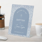 Boy Baptism Arch Blue White Floral Pattern Welcome 台座サイン (インサイチュ)