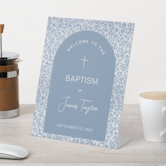 Boy Baptism Arch Blue White Floral Pattern Welcome 台座サイン (インサイチュ)