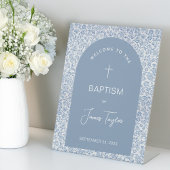 Boy Baptism Arch Blue White Floral Pattern Welcome 台座サイン