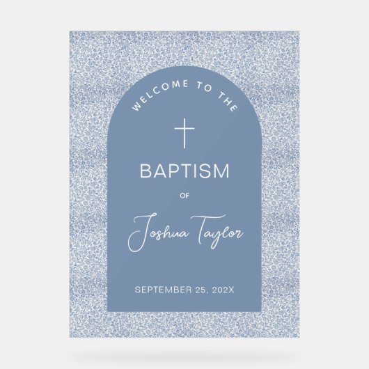 Boy Baptism Blue Arch Floral Pattern Cross Welcome アクリルサイン (正面)