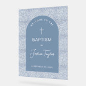 Boy Baptism Blue Arch Floral Pattern Cross Welcome アクリルサイン (傾斜)