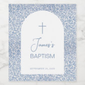 Boy Baptism Blue White Arch Floral Pattern Script  ワインラベル (シングルラベル)