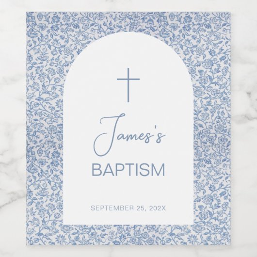 Boy Baptism Blue White Arch Floral Pattern Script  ワインラベル (シングルラベル)