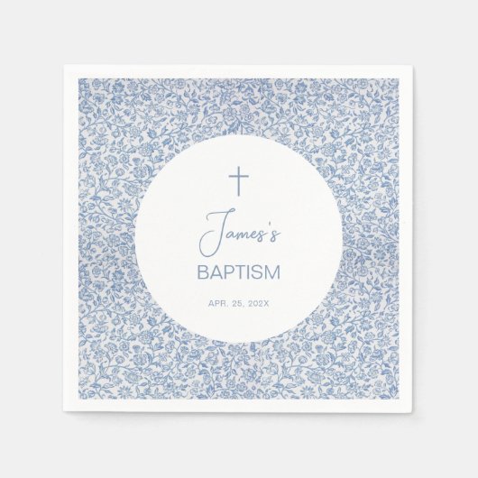 Boy Baptism Blue White Floral Pattern Christening  スタンダードカクテルナプキン (正面)
