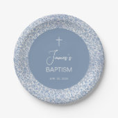 Boy Baptism Blue White Floral Pattern Christening ペーパープレート (正面)