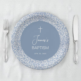 Boy Baptism Blue White Floral Pattern Christening ペーパープレート