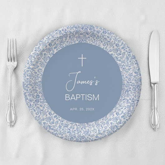 Boy Baptism Blue White Floral Pattern Christening ペーパープレート