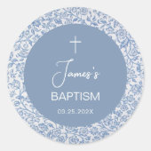 Boy Baptism Blue White Floral Pattern Christening ラウンドシール (正面)
