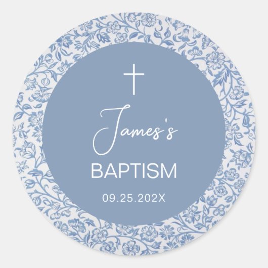 Boy Baptism Blue White Floral Pattern Christening ラウンドシール (正面)