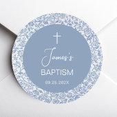 Boy Baptism Blue White Floral Pattern Christening ラウンドシール