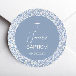 Boy Baptism Blue White Floral Pattern Christening ラウンドシール