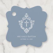 Boy Baptism Dusty Blue White Cross Crest Elegant フェイバータグ (正面)