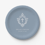 Boy Baptism Dusty Blue White Cross Crest Religious ペーパープレート (正面)