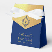 Boy Baptism Faux Gold Royal Blue Crest Religious フェイバーボックス (正面サイド)