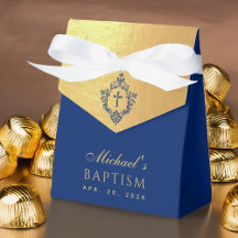 Boy Baptism Faux Gold Royal Blue Crest Religious