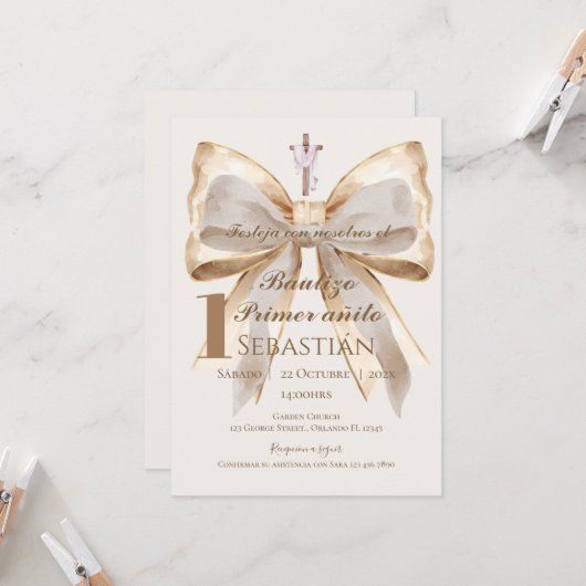 Boy Baptism Invitation in Spanish Boho 招待状 (正面/裏面インサイチュ)