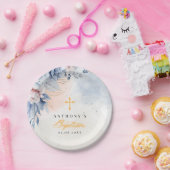 Boy baptism religious modern blue floral watercolr ペーパープレート (パーティー)