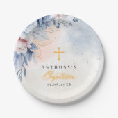 Boy baptism religious modern blue floral watercolr ペーパープレート (正面)