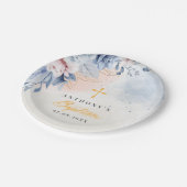 Boy baptism religious modern blue floral watercolr ペーパープレート (アングル)