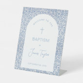 Boy Baptism Welcome Blue White Arch Floral Pattern 台座サイン (正面)
