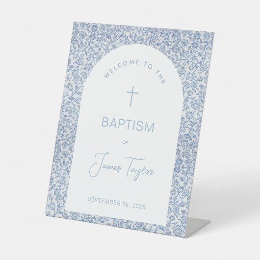 Boy Baptism Welcome Blue White Arch Floral Pattern 台座サイン (正面)