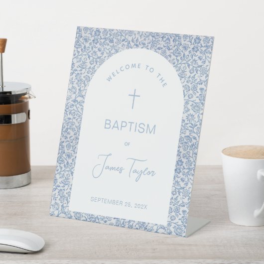 Boy Baptism Welcome Blue White Arch Floral Pattern 台座サイン (インサイチュ)