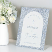 Boy Baptism Welcome Blue White Arch Floral Pattern 台座サイン