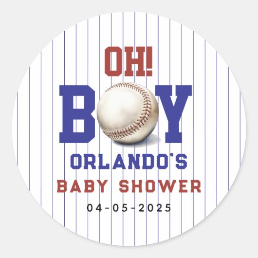 Boy Baseball Baby Shower | Cute Sports Party ラウンドシール (正面)