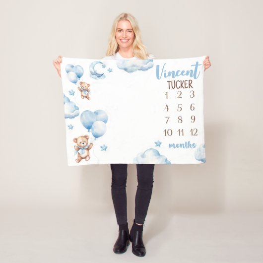 BOY BEAR BALLOONSマイルストーンブランケット、青いバルーン フリースブランケット (インサイチュ)