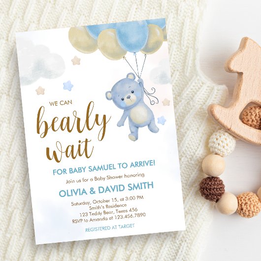 Boy Bear Bearly Wait Baby Shower 招待状