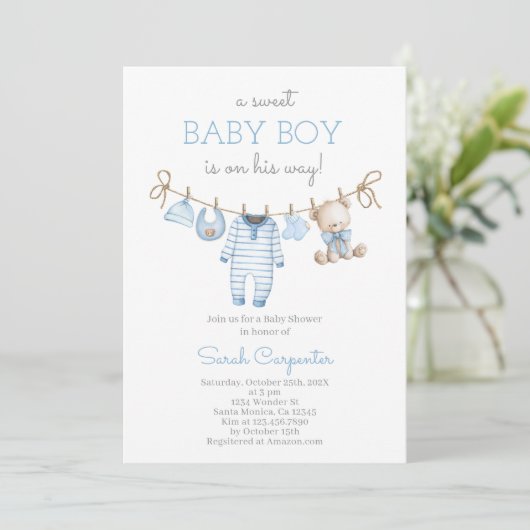 Boy Bear Clothesline Baby Shower invitation 招待状 (スタンド正面)