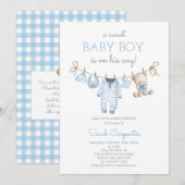 Boy Bear Clothesline Baby Shower invitation 招待状 (正面/裏面)