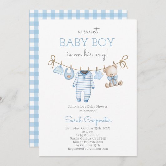 Boy Bear Clothesline Baby Shower invitation 招待状 (正面/裏面)