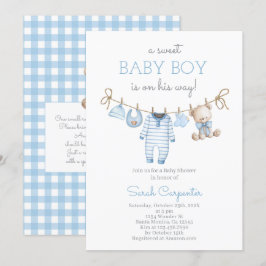 Boy Bear Clothesline Baby Shower invitation 招待状