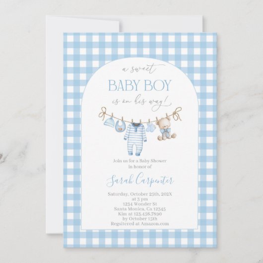 Boy Bear Clothesline Baby Shower invitation 招待状 (正面)
