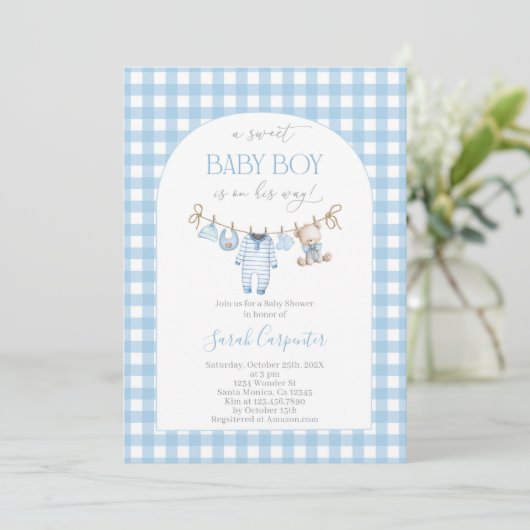 Boy Bear Clothesline Baby Shower invitation 招待状 (スタンド正面)