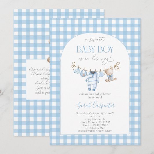 Boy Bear Clothesline Baby Shower invitation 招待状 (正面/裏面)