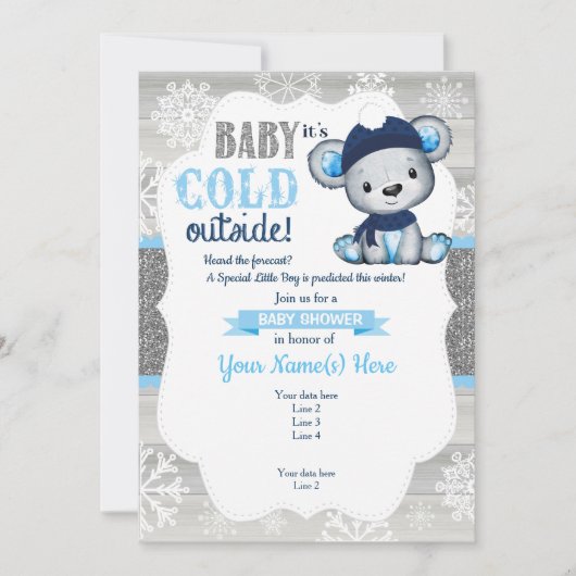 Boy Bear Winter招待状for Boy Baby Shower 招待状 (正面)