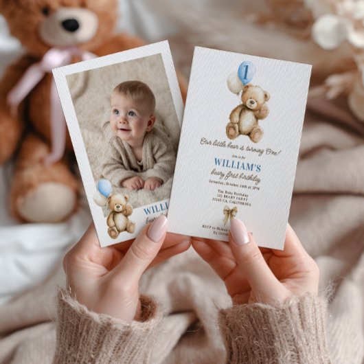 Boy Beary 1st Birthday Teddy Bear Photo Balloons 招待状
