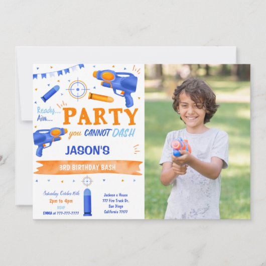 Boy BlueとOrange Dart Gun写真 招待状 (正面)
