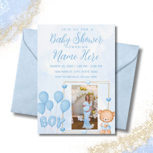 Boy Blueの金ゴールド写真カスタムBaby Shower 招待状
