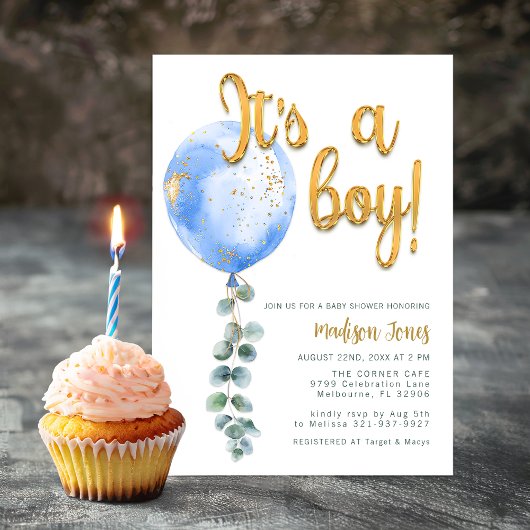 Boy Blue Balloon Baby Showerの金ゴールド 招待状