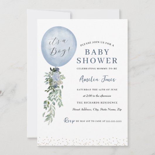 Boy Blue Balloon Baby Shower 招待状 (正面)