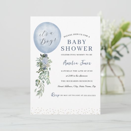 Boy Blue Balloon Baby Shower 招待状 (スタンド正面)