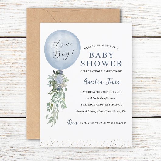 Boy Blue Balloon Baby Shower 招待状
