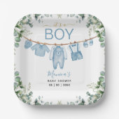 Boy Blue Boho Clothes Greenery Baby Shower ペーパープレート (正面)