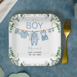 Boy Blue Boho Clothes Greenery Baby Shower ペーパープレート