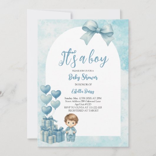 Boy Blue Bow Balloon Baby Shower招待状 招待状 (正面)